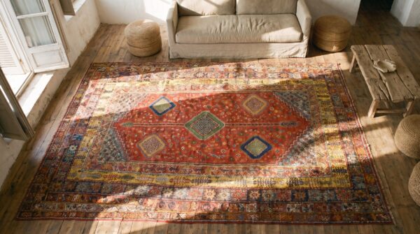 Rare antique red rustic tribal geometric oversized moroccan rabat berber carpet (sku 18781) - styled overhead view