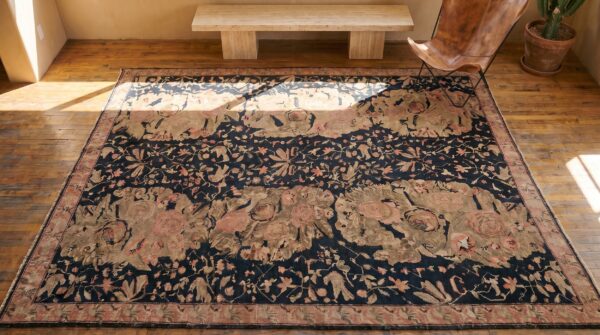 Rare antique room size black caucasian karabagh area rug 2 Rare antique room size black caucasian karabagh area rug (sku 19610) - styled overhead view