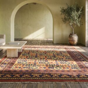 Rare Room Size Tribal Pomegranate Design Yellow Background Antique East Turkestan Yarkand Khotan Rug (SKU 18996) - room view