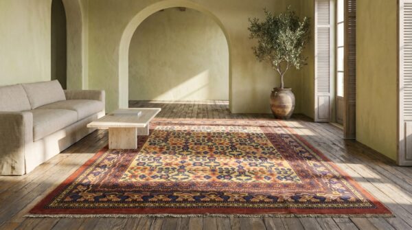 Rare room size tribal pomegranate design yellow background antique east turkestan yarkand khotan rug (sku 18996) - room view