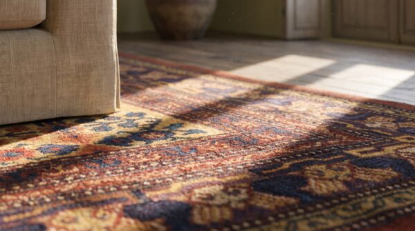 Rare room size tribal pomegranate design yellow background antique east turkestan yarkand khotan rug (sku 18996) - in-room detail