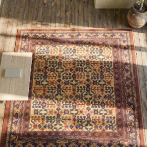 Rare Room Size Tribal Pomegranate Design Yellow Background Antique East Turkestan Yarkand Khotan Rug (SKU 18996) - styled overhead view