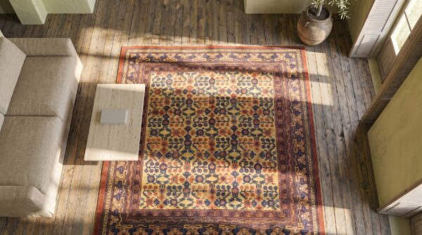 Rare room size tribal pomegranate design yellow background antique east turkestan yarkand khotan rug (sku 18996) - styled overhead view