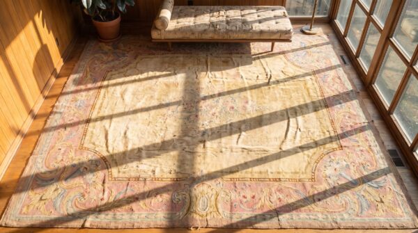Rare shape antique oversized french savonnerie carpet 2 Rare shape antique oversized french savonnerie carpet (sku 22614) - styled overhead view