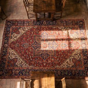 Rare Antique Shawl Pattern Persian Bidjar Wide Gallery Size Yellow Rug (SKU 21324) - styled overhead view