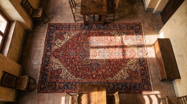 Rare antique shawl pattern persian bidjar wide gallery size yellow rug 2 Rare antique shawl pattern persian bidjar wide gallery size yellow rug (sku 21324) - styled overhead view