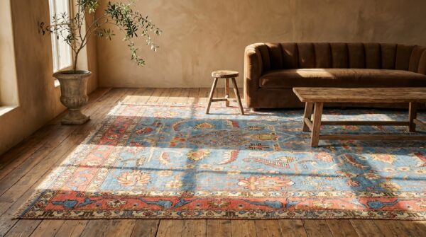 Rare sky blue background room size antique 19th century tribal east turkestan khotan rug 11 Rare sky blue background room size antique 19th century tribal east turkestan khotan rug (sku 18266) - room view