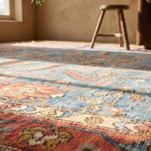 Rare Sky Blue Background Room Size Antique 19th Century Tribal East Turkestan Khotan Rug (SKU 18266) - in-room detail