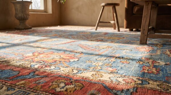 Rare sky blue background room size antique 19th century tribal east turkestan khotan rug 12 Rare sky blue background room size antique 19th century tribal east turkestan khotan rug (sku 18266) - in-room detail