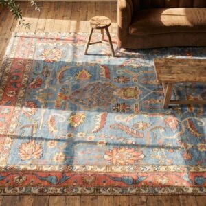 Rare Sky Blue Background Room Size Antique 19th Century Tribal East Turkestan Khotan Rug (SKU 18266) - styled overhead view