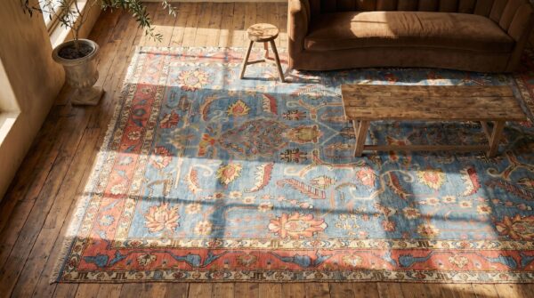 Rare sky blue background room size antique 19th century tribal east turkestan khotan rug 2 Rare sky blue background room size antique 19th century tribal east turkestan khotan rug (sku 18266) - styled overhead view