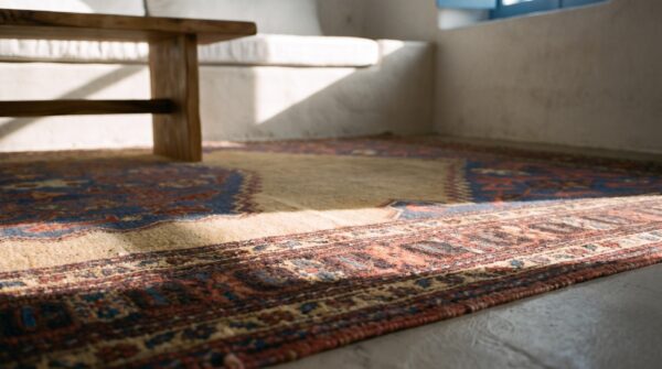 Rare small size antique tribal geometric persian bakshaish area rug 6 Rare small size antique tribal geometric persian bakshaish area rug (sku 24511) - in-room detail