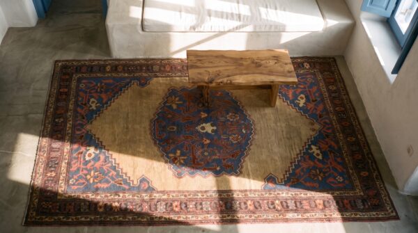 Rare small size antique tribal geometric persian bakshaish area rug 2 Rare small size antique tribal geometric persian bakshaish area rug (sku 24511) - styled overhead view