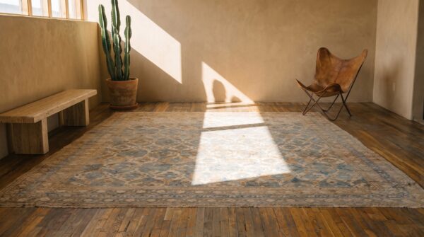 Rare square antique 19th century indian agra geometric rug in gray cotton pile 8 Rare square antique 19th century indian agra geometric rug in gray cotton pile (sku 21028) - room view