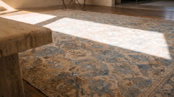 Rare square antique 19th century indian agra geometric rug in gray cotton pile 9 Rare square antique 19th century indian agra geometric rug in gray cotton pile (sku 21028) - in-room detail
