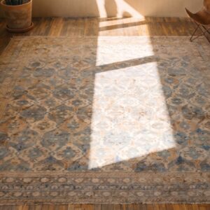 Rare Square Antique 19th Century Indian Agra Geometric Rug in Gray Cotton Pile (SKU 21028) - styled overhead view