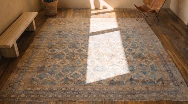 Rare square antique 19th century indian agra geometric rug in gray cotton pile 2 Rare square antique 19th century indian agra geometric rug in gray cotton pile (sku 21028) - styled overhead view