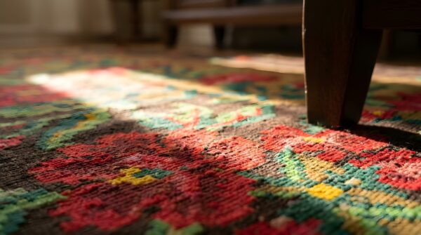 Rare square antique floral medallion bessarabian kilim rug (sku 2400) - in-room detail