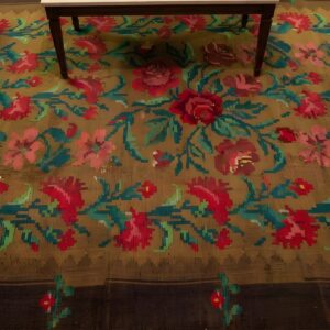 Rare Square Antique Floral Medallion Bessarabian Kilim Rug (SKU 2400) - styled overhead view