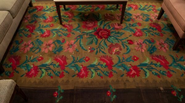 Rare square antique floral medallion bessarabian kilim rug (sku 2400) - styled overhead view