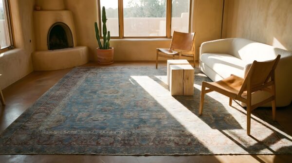 Rare square antique floral persian kerman rug - light seafoam room size 8 Rare square antique floral persian kerman rug - light seafoam room size (sku 24132) - room view