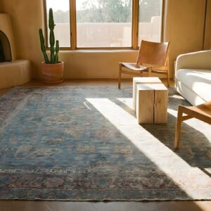 Rare Square Antique Floral Persian Kerman Rug - Light Seafoam Room Size (SKU 24132) - styled overhead view
