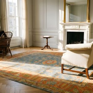 Rare Square Light Blue Antique Decorative Turkish Oushak Rug (SKU 24797) - room view