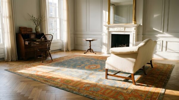 Rare square light blue antique decorative turkish oushak rug 10 Rare square light blue antique decorative turkish oushak rug (sku 24797) - room view