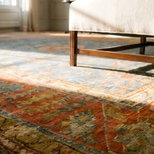 Rare Square Light Blue Antique Decorative Turkish Oushak Rug (SKU 24797) - in-room detail