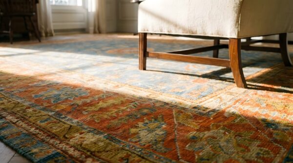 Rare square light blue antique decorative turkish oushak rug 11 Rare square light blue antique decorative turkish oushak rug (sku 24797) - in-room detail