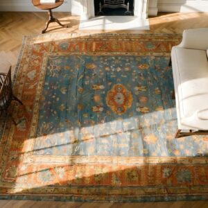 Rare Square Light Blue Antique Decorative Turkish Oushak Rug (SKU 24797) - styled overhead view
