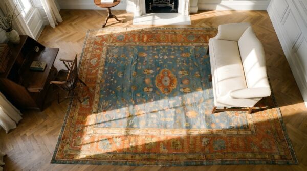 Rare square light blue antique decorative turkish oushak rug 2 Rare square light blue antique decorative turkish oushak rug (sku 24797) - styled overhead view
