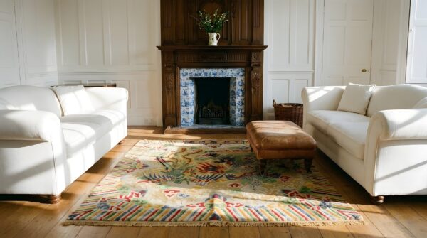 Rare square antique silk dragon and phoenix signed chinese rug 5 Rare square antique silk dragon and phoenix signed chinese rug (sku 23702) - room view