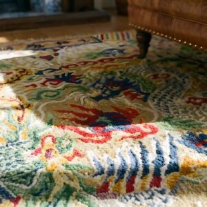 Rare Square Antique Silk Dragon and Phoenix Signed Chinese Rug (SKU 23702) - in-room detail