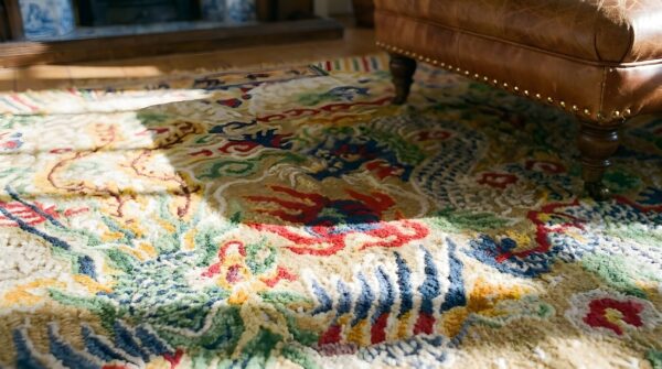 Rare square antique silk dragon and phoenix signed chinese rug 6 Rare square antique silk dragon and phoenix signed chinese rug (sku 23702) - in-room detail