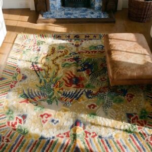 Rare Square Antique Silk Dragon and Phoenix Signed Chinese Rug (SKU 23702) - styled overhead view