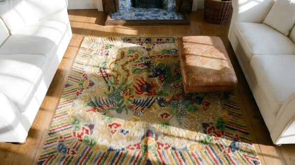 Rare square antique silk dragon and phoenix signed chinese rug 2 Rare square antique silk dragon and phoenix signed chinese rug (sku 23702) - styled overhead view