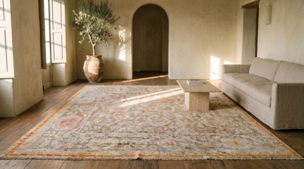 Rare antique square turkish agora oushak rug in light gray and ivory 8 Rare antique square turkish agora oushak rug in light gray and ivory (sku 22831) - room view