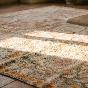 Rare Antique Square Turkish Agora Oushak Rug in Light Gray and Ivory (SKU 22831) - in-room detail