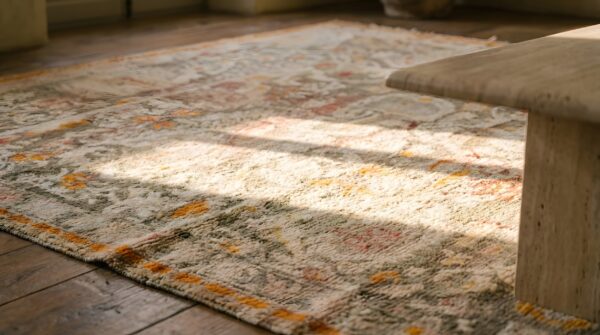 Rare antique square turkish agora oushak rug in light gray and ivory 9 Rare antique square turkish agora oushak rug in light gray and ivory (sku 22831) - in-room detail
