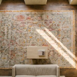 Rare Antique Square Turkish Agora Oushak Rug in Light Gray and Ivory (SKU 22831) - styled overhead view