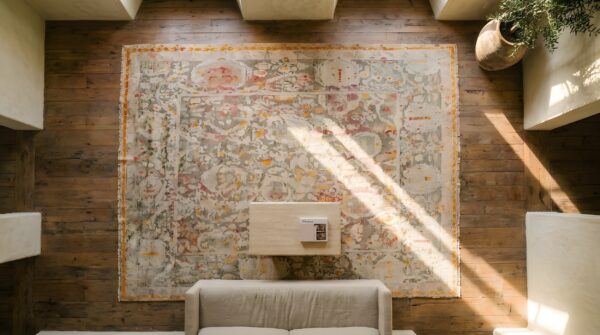 Rare antique square turkish agora oushak rug in light gray and ivory 2 Rare antique square turkish agora oushak rug in light gray and ivory (sku 22831) - styled overhead view