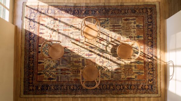Rare tribal weeping willow design cream color antique room size persian bidjar rug 2 Rare tribal weeping willow design cream color antique room size persian bidjar rug (sku 25123) - styled overhead view