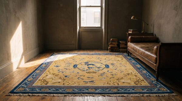 Rare yellow square mid 18th century antique chinese ningxia carpet 6 Rare yellow square mid 18th century antique chinese ningxia carpet (sku 20853) - room view