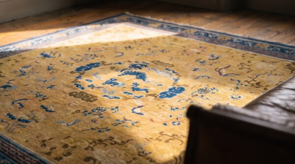Rare yellow square mid 18th century antique chinese ningxia carpet 7 Rare yellow square mid 18th century antique chinese ningxia carpet (sku 20853) - in-room detail