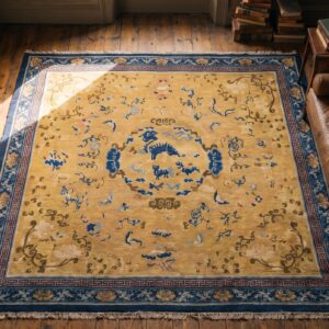 Rare Yellow Square Mid 18th Century Antique Chinese Ningxia Carpet (SKU 20853) - styled overhead view