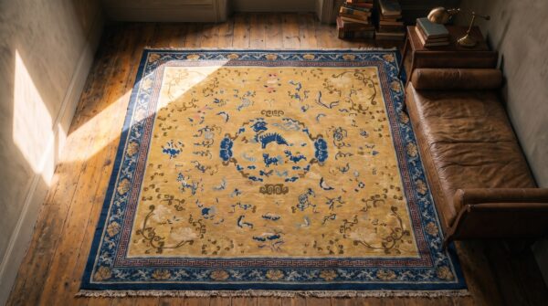 Rare yellow square mid 18th century antique chinese ningxia carpet 2 Rare yellow square mid 18th century antique chinese ningxia carpet (sku 20853) - styled overhead view