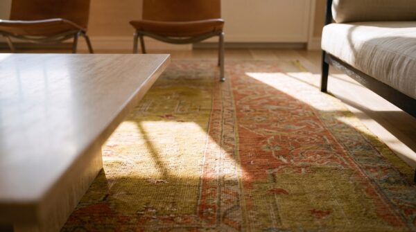 Hand knotted pile rectangle 1880s yellow wool antique turkish oushak rug 9 Hand knotted pile rectangle 1880s yellow wool antique turkish oushak rug (sku 23632) - in-room detail