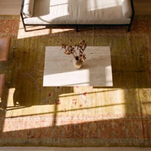 Hand Knotted Pile Rectangle 1880s Yellow Wool Antique Turkish Oushak Rug (SKU 23632) - styled overhead view