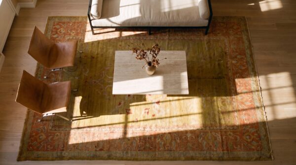 Hand knotted pile rectangle 1880s yellow wool antique turkish oushak rug 2 Hand knotted pile rectangle 1880s yellow wool antique turkish oushak rug (sku 23632) - styled overhead view